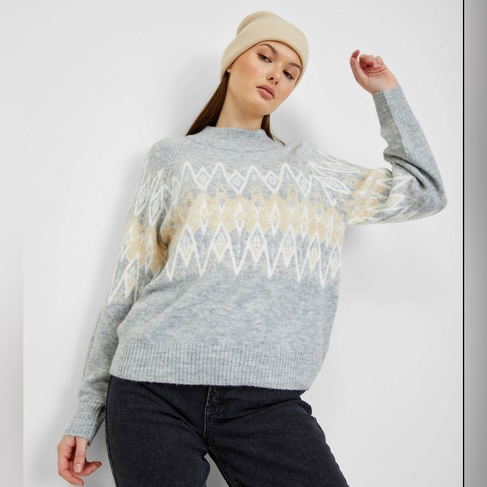 Gap Gray & Yellow Argyle Mock Neck Sweater L